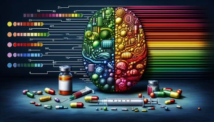 A medical chart displaying vitamin B12 levels in pg/mL, with colour-coded ranges and treatment icons.
