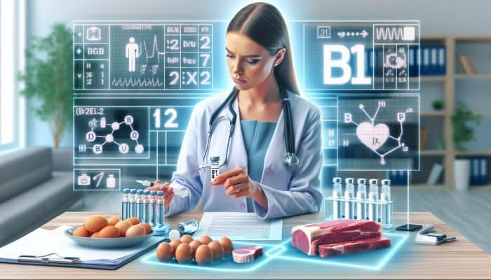 Healthcare provider reviewing B12 test results, tailoring treatment with B12-rich foods and injections.