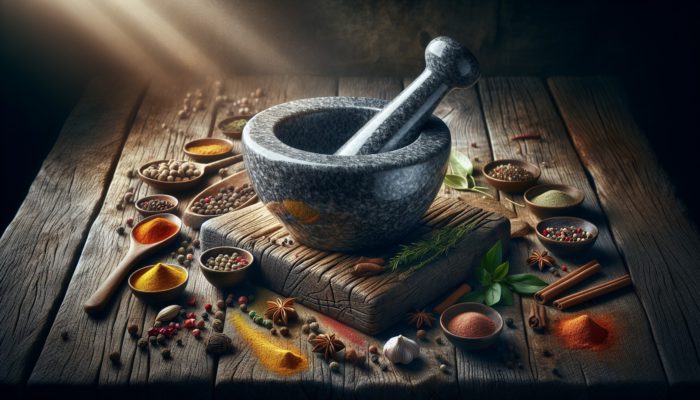 A granite mortar and pestle on a wooden table with spices and herbs, symbolising durability and kitchen heritage.