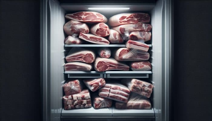 Pork cuts like chops, belly, tenderloin, wrapped in plastic and freezer bags, stored in refrigerator and freezer.