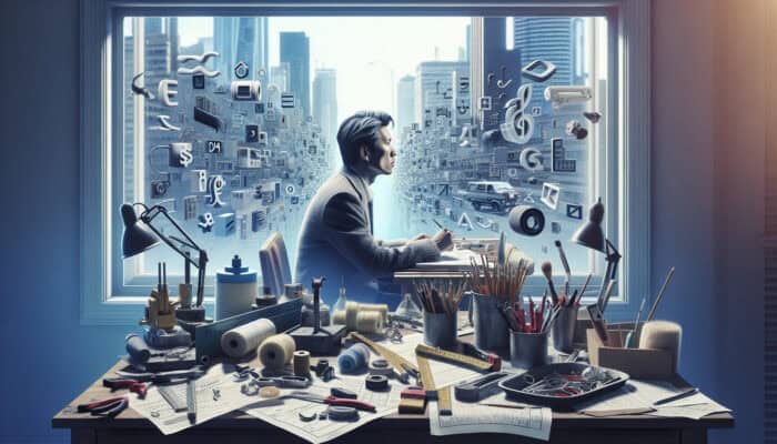 A homeowner at a cluttered desk in Abbotsford, comparing repair quotes with tools and city skyline visible.