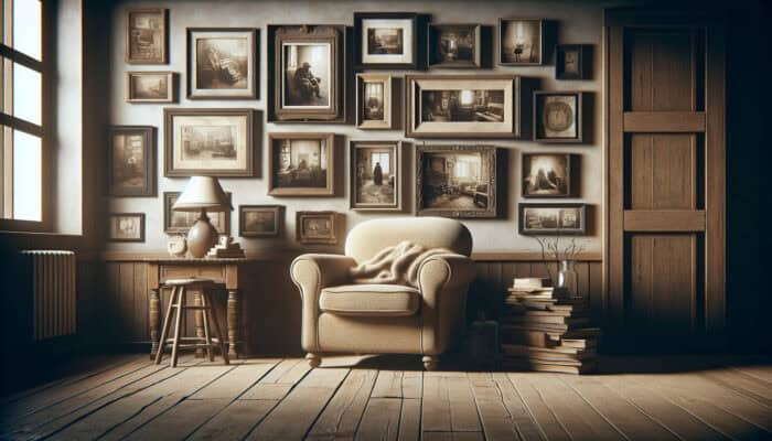 Emotional Furniture Tips for Clearance: An old, worn armchair in a cozy living room, surrounded by nostalgic family photos, symbolising comfort and cherished memories.