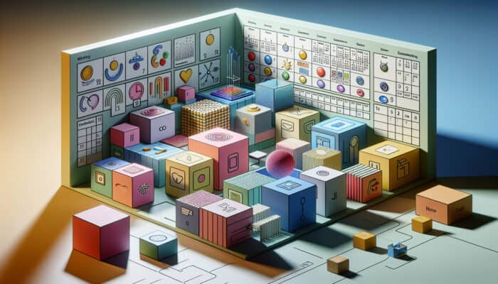 A serene room with labelled boxes and a calendar, symbolising structured emotional clearance steps.