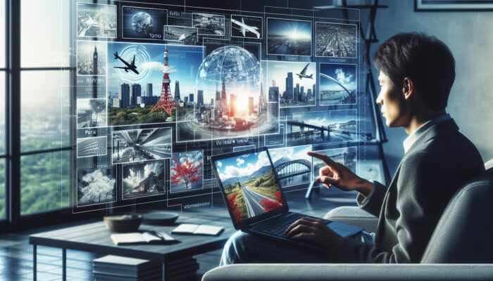 Person at home booking car rental on laptop, montage of Tokyo, Paris, USA scenes on screen.