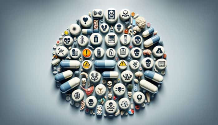 Ineffective multivitamins with health hazard symbols like skulls and deteriorating organs on a clinical background.