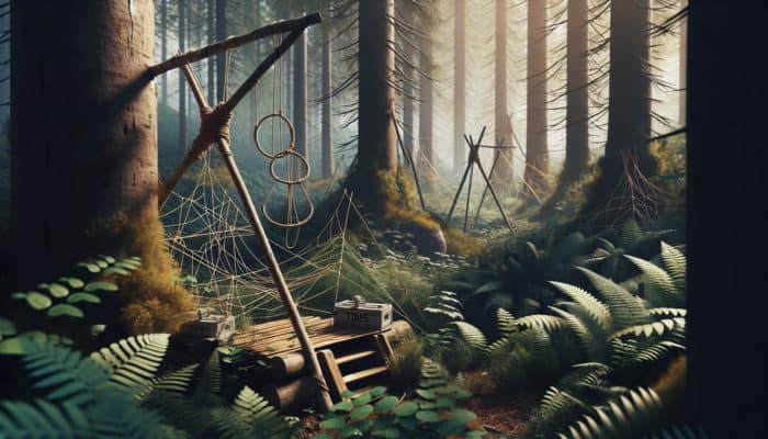 A wilderness scene showcasing various DIY survival traps, including twine snares and gravity-powered deadfall traps, set among trees and underbrush.