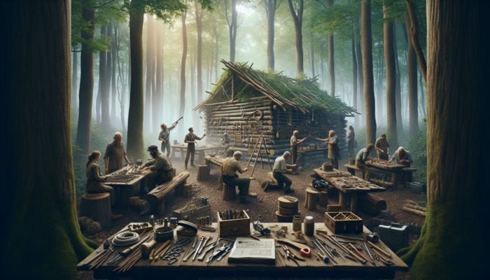 Experts showcasing DIY survival traps in a rustic forest workshop.