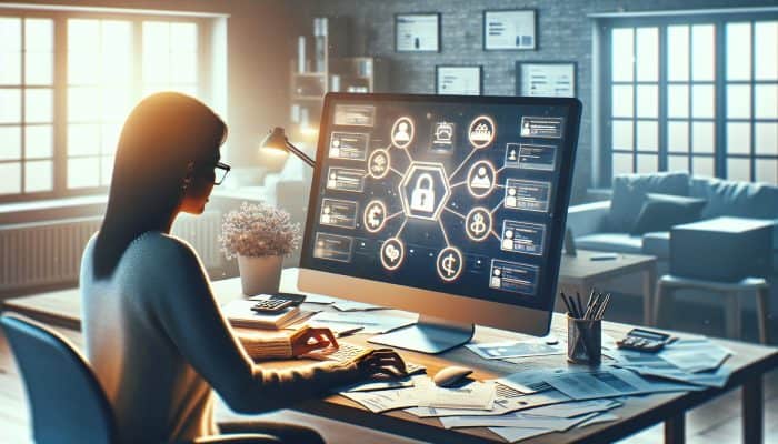 Debt Consolidation Loans for Excellent Credit: UK Guide | DCL Person researching debt consolidation loans on laptop, surrounded by financial documents in a home office.