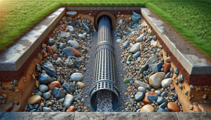 Cross-section of a French drain system in a yard, showing a perforated pipe and gravel redirecting water from a home's foundation.