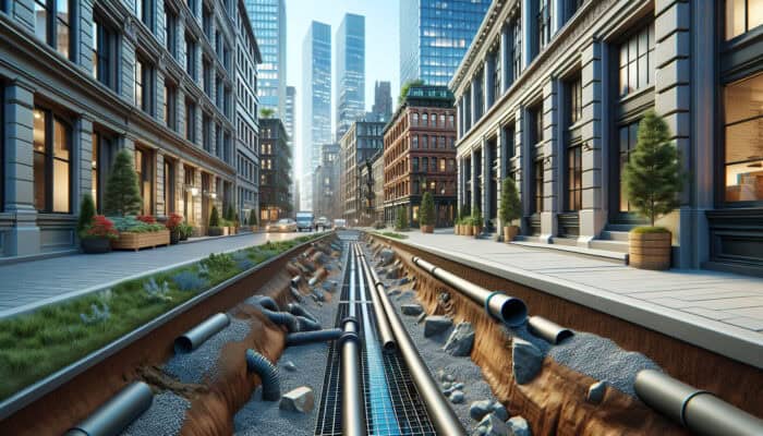 French drain installation in Yaletown, adapting to diverse soil types and urban landscape, blending modern and historic architecture.