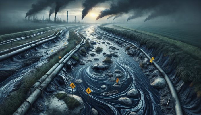 Water Contamination Risks: A polluted river with dark chemicals from industrial and agricultural sources, wilted plants, warning signs, gloomy sky.