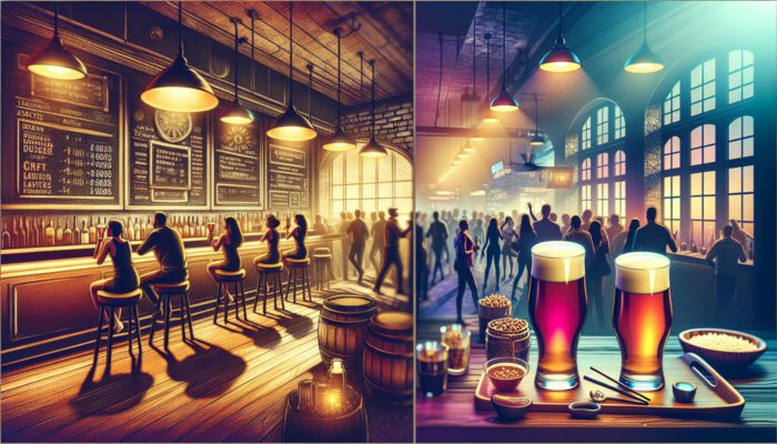 Locals entering The Old Stone Tavern and The Heritage Pub during happy hour, enjoying craft beers and lively atmosphere.