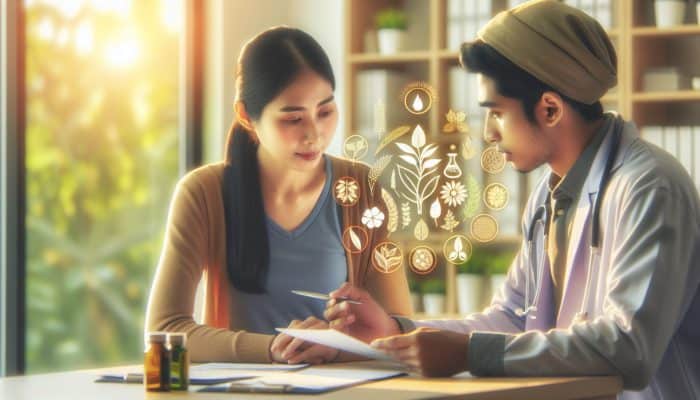 A healthcare provider discusses herbal treatments for a child with a caregiver in a professional office.