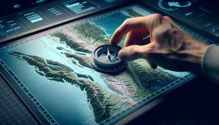 A person aligning a topographic map with a compass on a flat surface, set against Pacific Northwest coastal trails.