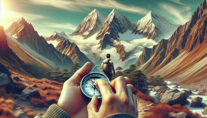 A hiker in the Andes using a compass for triangulation with three snow-capped peaks, plotting on a map.