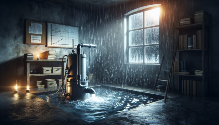 Sump Pump Services in Burnaby: Sump pump in basement pit actively removing water during heavy rainfall in Burnaby, stormy night visible.