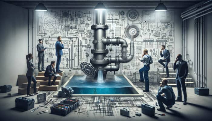 Modern sump pump in Burnaby basement, serviced by expert technicians with tools and diagrams.