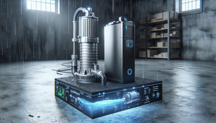 Modern sump pump with battery backup and smart monitoring in a basement, protecting home during storm.