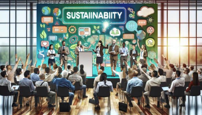 A vibrant community event with diverse attendees at a sustainability workshop, fostering engagement and thought leadership.