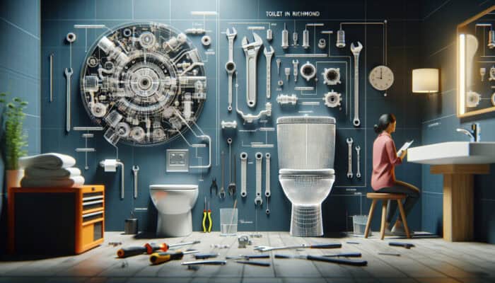 A plumber analysing a toilet's inner workings with tools and manuals in a modern Richmond bathroom.
