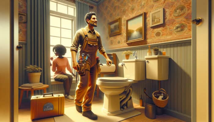 A Richmond plumber fixing a toilet, showcasing personalised service and community trust in a cosy home.