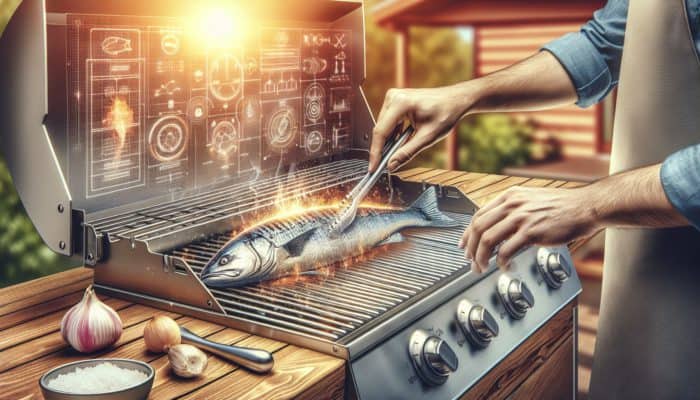 A stainless steel grill being cleaned, oiled, and seasoned for fish cooking in an outdoor kitchen.
