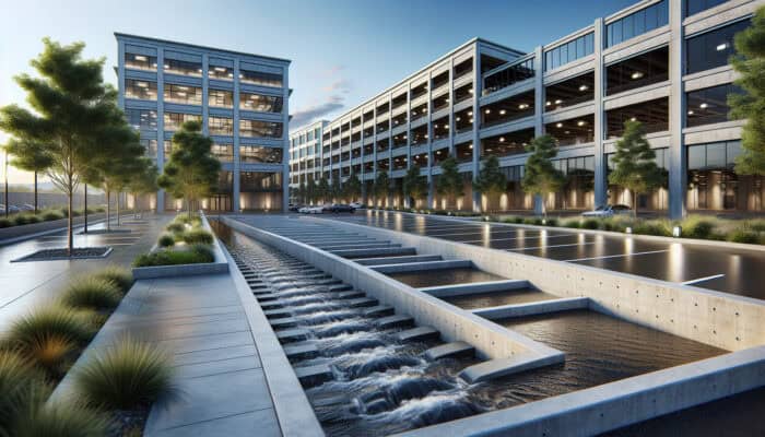A well-executed concrete channel drain in a Langley commercial parking lot, enhancing aesthetics and water flow.