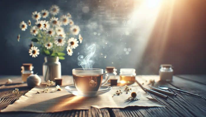 A cup of chamomile tea on a wooden table, surrounded by soft light and gentle steam, symbolizing tranquility.