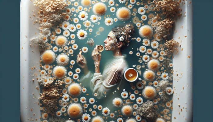 A person relaxing in a chamomile-infused bath with tea and honey nearby.