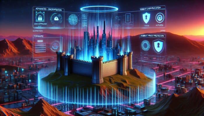 How to Leverage Hosting Privacy Protections: A digital fortress with advanced encryption and firewalls protecting user data from cyber threats.