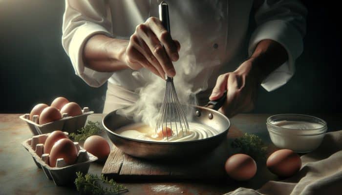 A chef whisking eggs in a pan, creating a creamy texture, on a rustic kitchen counter with herbs.