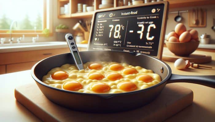 Skillet with glossy, tender scrambled eggs at 70-75°C, thermometer inserted, warm kitchen setting.