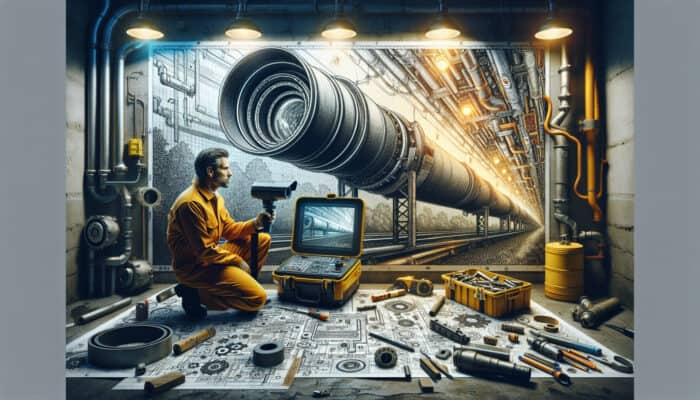 Technician in Richmond inspecting damaged sewer pipe with CCTV, planning repairs.