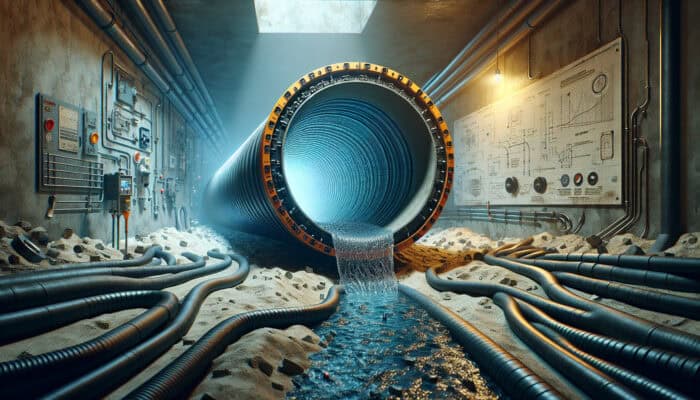 A modern sewer pipe repair using trenchless technology with a resin-coated liner inside an old pipe.