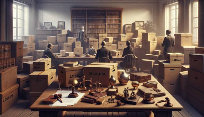 A house clearance scene with legal documents, packed boxes, and a solicitor discussing with heirs.