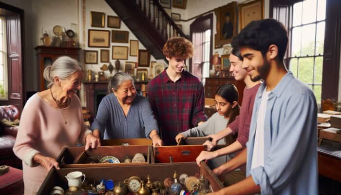 Family in London clearing grandmother's home, collaborating on rooms, sharing memories and laughter.