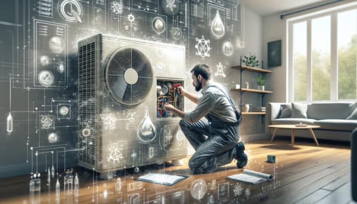 Technician servicing heat pump, adjusting refrigerant and replacing filters in modern home.