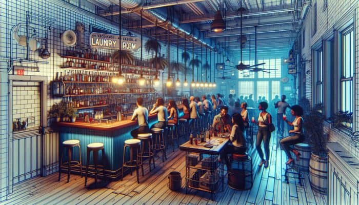 Top Day Drinking Deals at the Laundry Room: A cozy East Village bar with patrons enjoying innovative cocktails and a lively atmosphere.