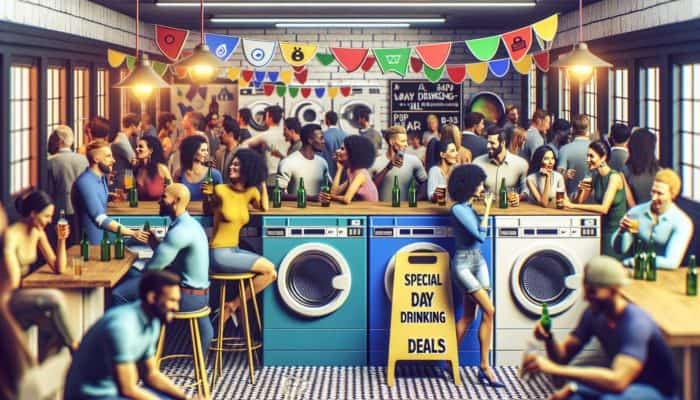 A lively laundry room bar with people enjoying drinks, colorful machines, and special day drinking deals.