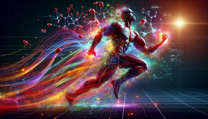 Nitric oxide molecules enhancing athlete's performance with improved blood flow and oxygen delivery.