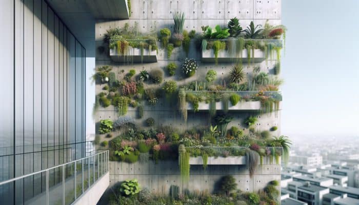 A vertical garden on an urban balcony, showing plants with varying growth due to root space and watering issues.