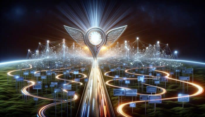 A glowing brand logo amidst interconnected search engine pathways, symbolising SEO-driven customer retention and trust.