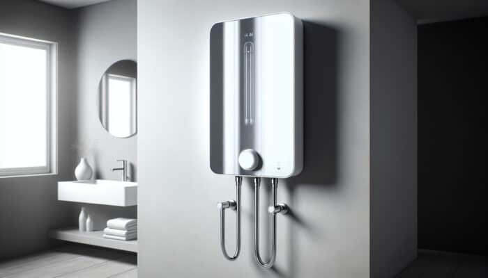 A modern tankless water heater on a wall in a stylish bathroom, showcasing space-saving design and endless hot water.
