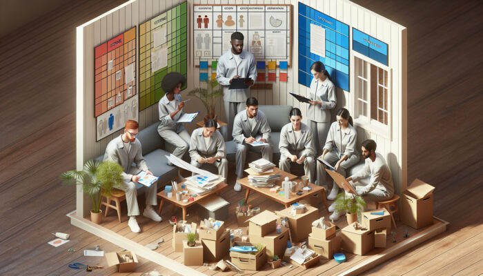 Professional clearance team sorting and categorizing items in a cluttered home, easing homeowner's emotional burden.