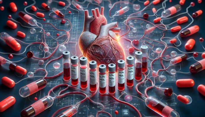 Illustration of a cholesterol blood test with labeled vials showing LDL and HDL levels, with heart and blood vessels in the background.