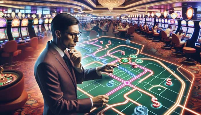 A gambler analysing a casino floor map, focusing on high-payout slots and popular games amidst a lively casino setting.
