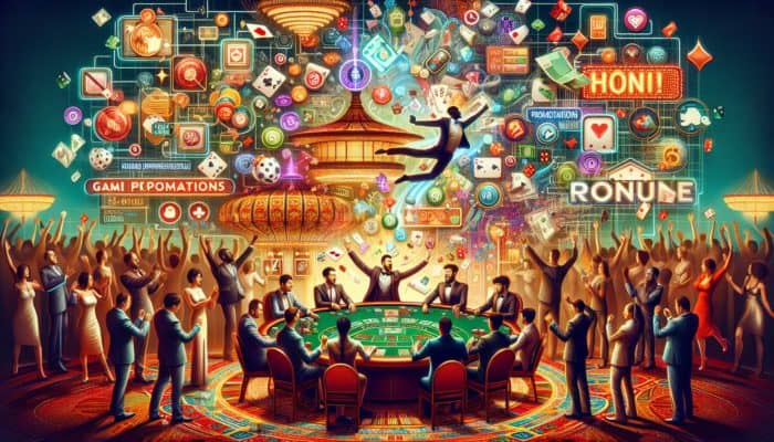 A vibrant casino scene with players celebrating at a winning table, surrounded by promotions and bonuses.