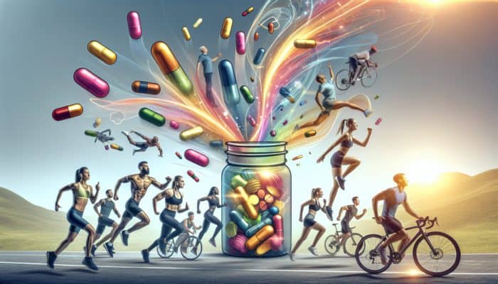 Supplements for Weekend Warriors: Weekend warriors hiking, cycling, and playing sports, surrounded by colourful supplements enhancing performance and recovery.