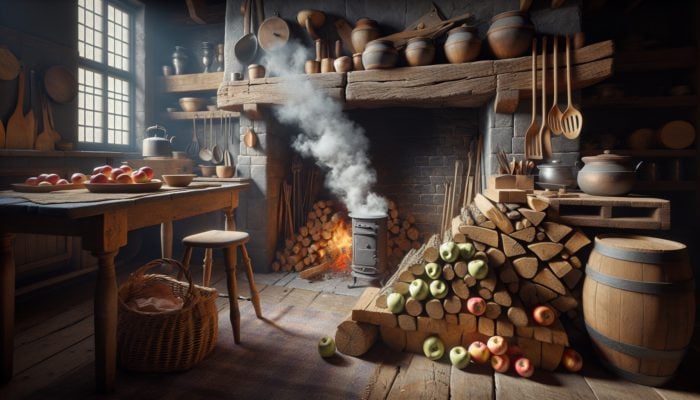 Best Budget Woods for Beginner Smoking: Rustic kitchen with seasoned apple and hickory woods, smoke rising, blending sweet and smoky flavours.