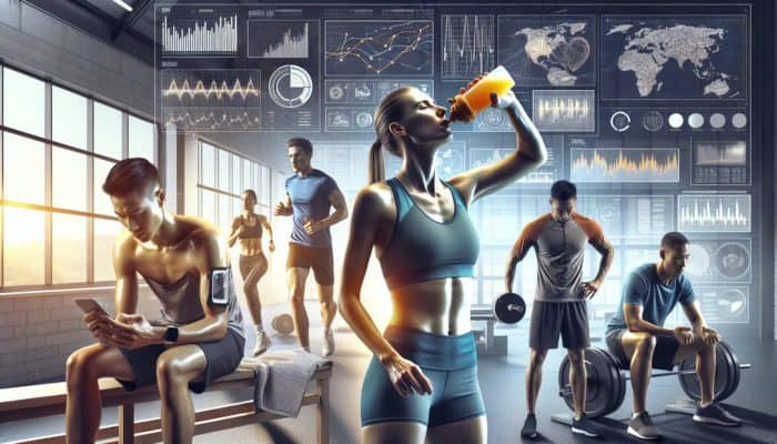 Diverse athletes in modern gym with personalized recovery supplements: electrolyte drink, protein shake.